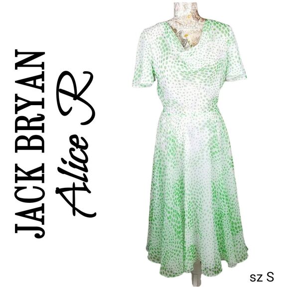 Vintage Jack Bryan Sheer Fun Flirty Flowy Green Polka Dot Midi Cowl Neck Dress - Picture 2 of 10